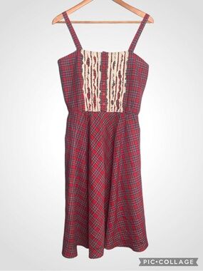 Mindy Malone Vintage Red Plaid Sleeveless Dress with Lace-Front Panel